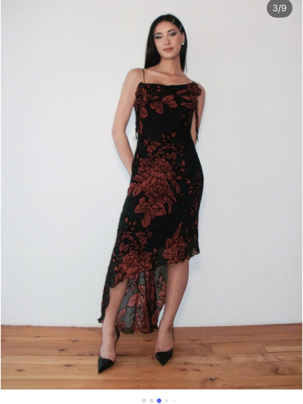 Y2K Vintage Cache Black Dress with Rust Floral Print and Asymmetrical Hem - Picture 1 of 5